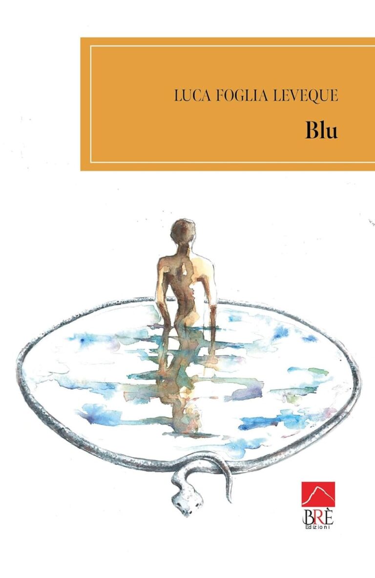 Copertina del libro ‘Blu’ di Luca Foglia Leveque, con illustrazione di figura che emerge da uno specchio d’acqua circolare su fondo bianco.