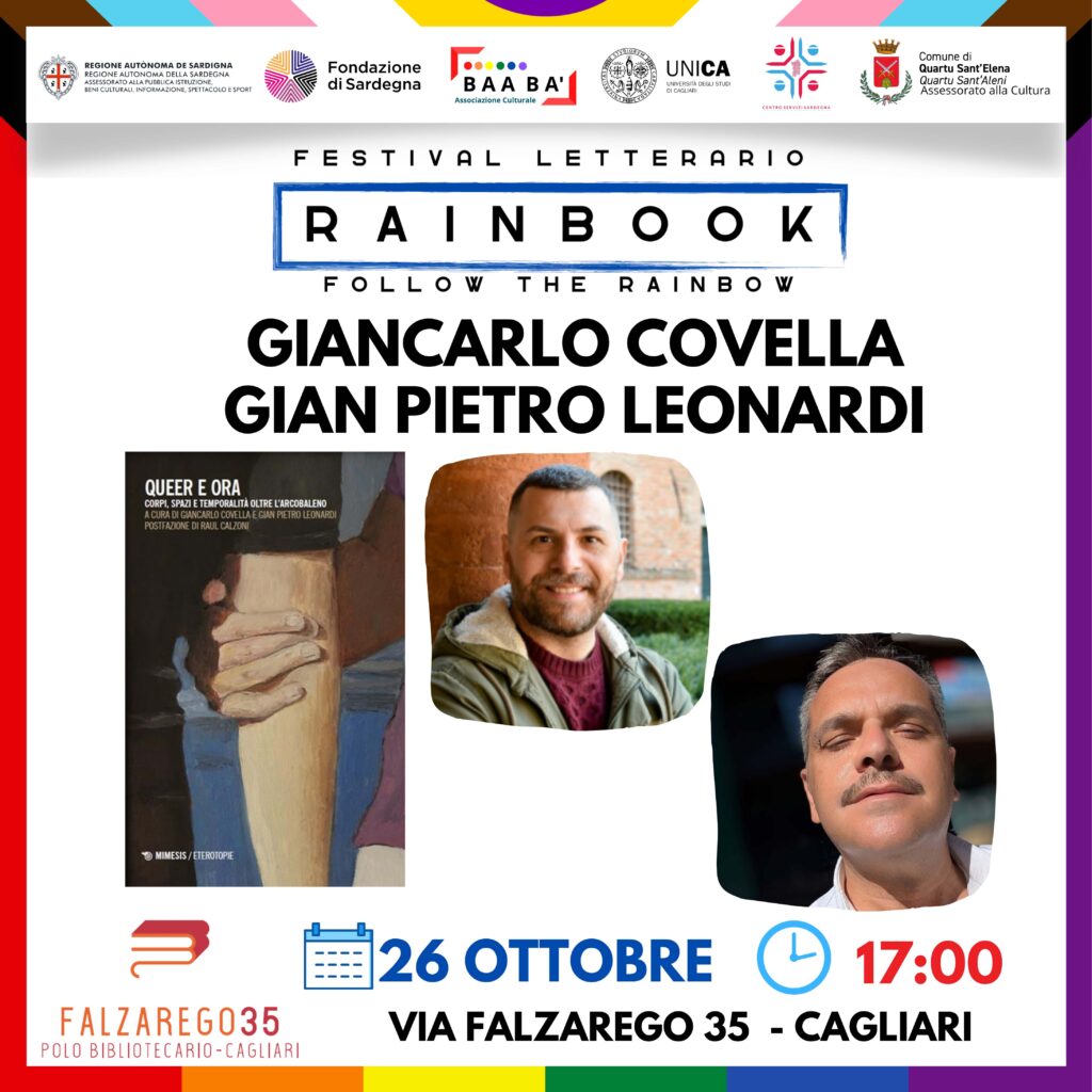 Locandina Rainbook Festival per la presentazione di ‘Queer e ora’ di Giancarlo Covella e Gian Pietro Leonardi, con ritratti degli autori e data 26 ottobre ore 17:00 a Cagliari.