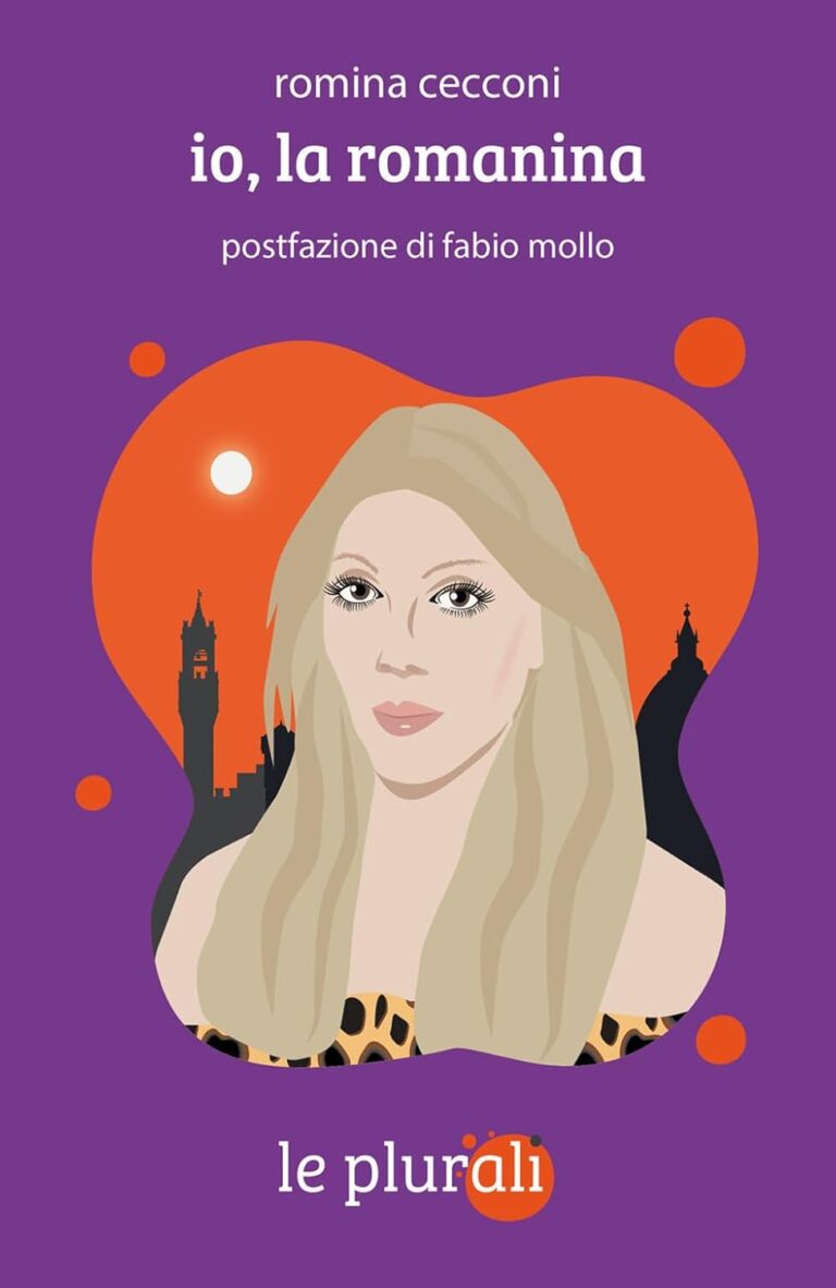 Copertina di ‘Io, la Romanina’ di Romina Cecconi, illustrazione del volto su sfondo viola con skyline nero e sole arancione, casa editrice le plurali.