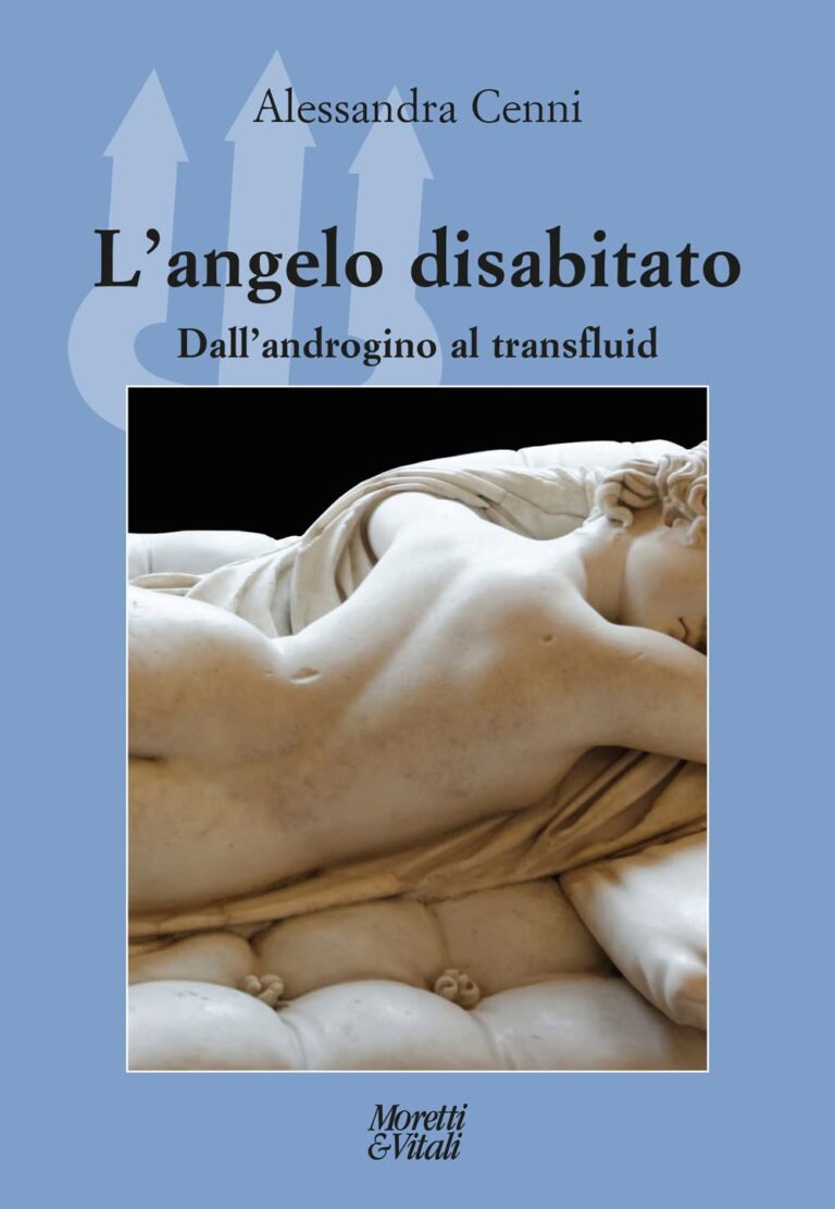 Copertina del libro ‘L’angelo disabitato. Dall’androgino al transfluid’ di Alessandra Cenni, con dettaglio di statua classica su fondo azzurro.