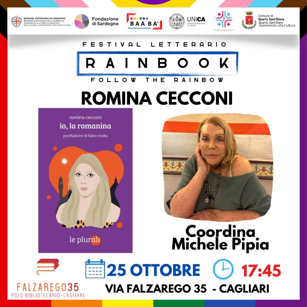 Locandina Rainbook Festival per la presentazione di ‘Io, la Romanina’ di Romina Cecconi, con ritratto dell’autrice e dettagli evento a Cagliari il 25 ottobre ore 17:45.